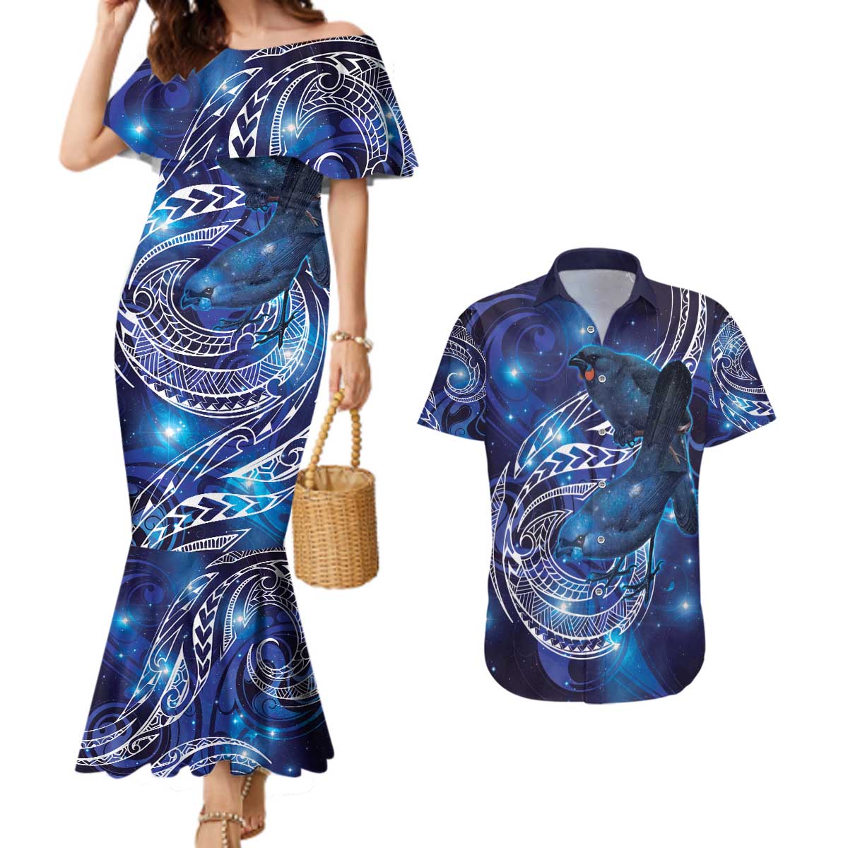 North Island Kokako and South Island Kokako Couples Matching Mermaid Dress and Hawaiian Shirt New Zealand Native Bird with Galaxy Vibe