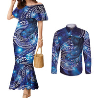 North Island Kokako and South Island Kokako Couples Matching Mermaid Dress and Long Sleeve Button Shirt New Zealand Native Bird with Galaxy Vibe