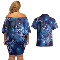 North Island Kokako and South Island Kokako Couples Matching Off Shoulder Short Dress and Hawaiian Shirt New Zealand Native Bird with Galaxy Vibe