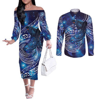 North Island Kokako and South Island Kokako Couples Matching Off The Shoulder Long Sleeve Dress and Long Sleeve Button Shirt New Zealand Native Bird with Galaxy Vibe