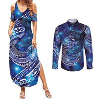 North Island Kokako and South Island Kokako Couples Matching Summer Maxi Dress and Long Sleeve Button Shirt New Zealand Native Bird with Galaxy Vibe