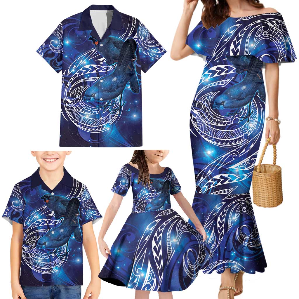 North Island Kokako and South Island Kokako Family Matching Mermaid Dress and Hawaiian Shirt New Zealand Native Bird with Galaxy Vibe