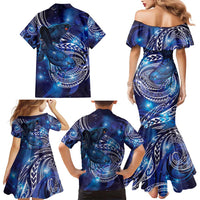 North Island Kokako and South Island Kokako Family Matching Mermaid Dress and Hawaiian Shirt New Zealand Native Bird with Galaxy Vibe