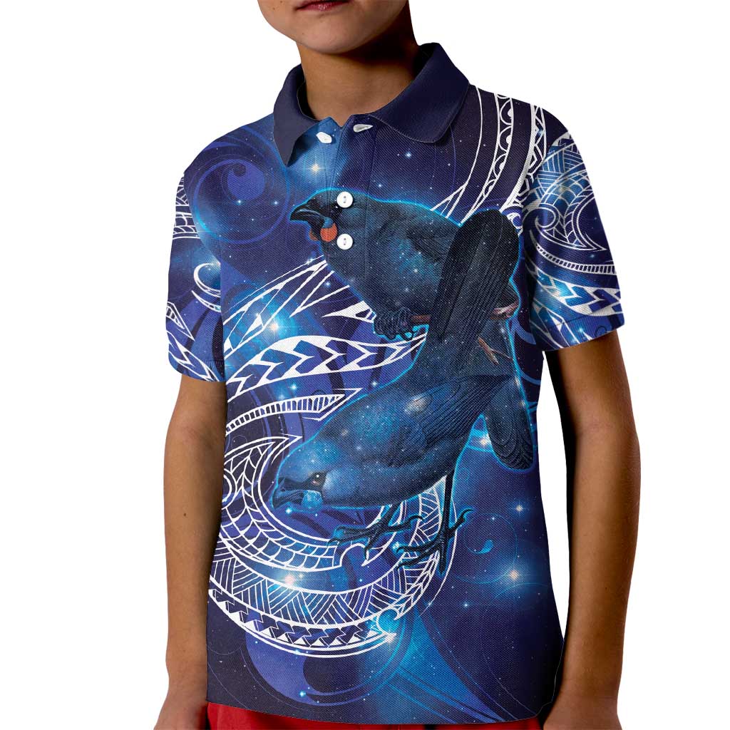North Island Kokako and South Island Kokako Kid Polo Shirt New Zealand Native Bird with Galaxy Vibe LT9 Kid Galaxy - Polynesian Pride