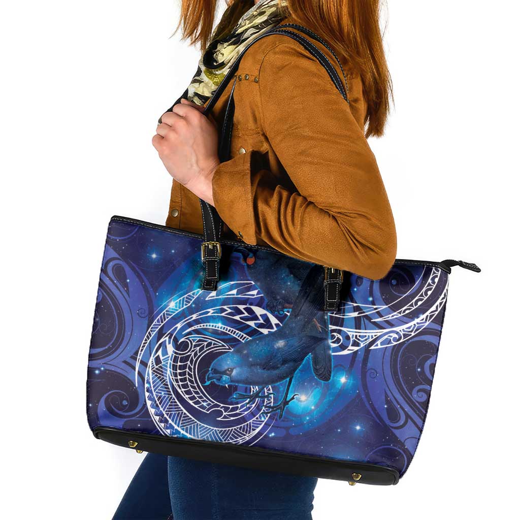 North Island Kokako and South Island Kokako Leather Tote Bag New Zealand Native Bird with Galaxy Vibe LT9 Galaxy - Polynesian Pride