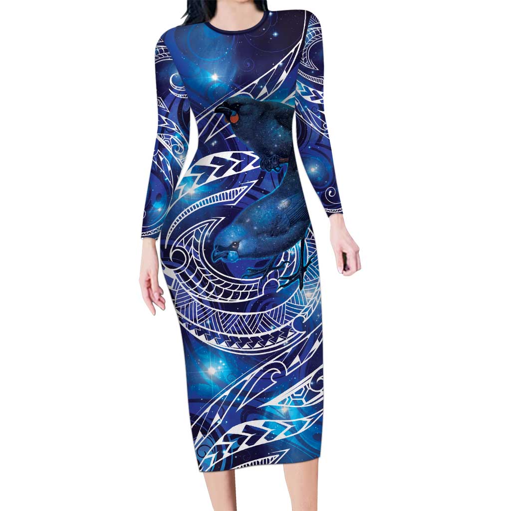 North Island Kokako and South Island Kokako Long Sleeve Bodycon Dress New Zealand Native Bird with Galaxy Vibe