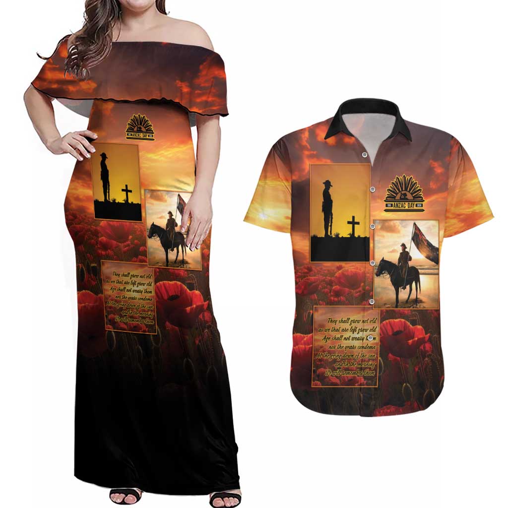 ANZAC Day Film Reel Lest We Forget Couples Matching Off Shoulder Maxi Dress and Hawaiian Shirt Australia NZ Memorial LT9 Red - Polynesian Pride