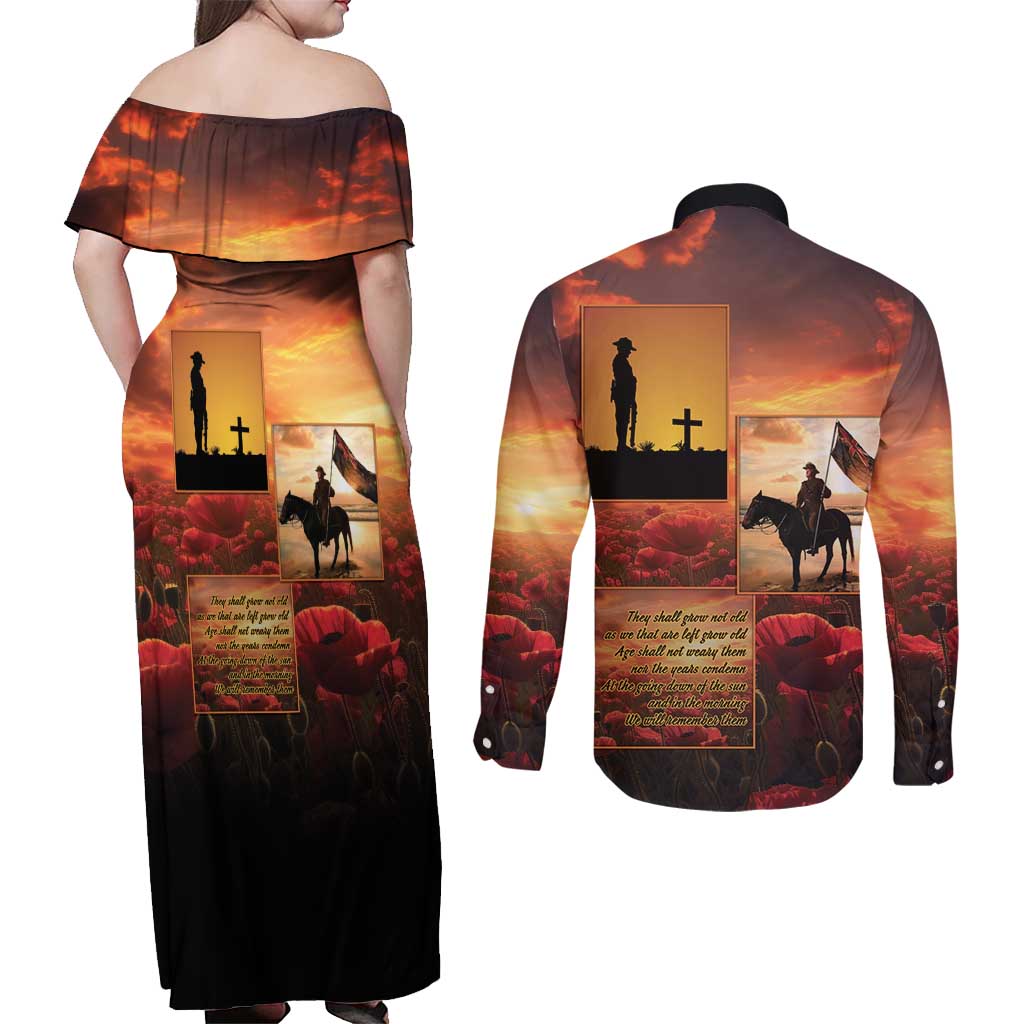 ANZAC Day Film Reel Lest We Forget Couples Matching Off Shoulder Maxi Dress and Long Sleeve Button Shirt Australia NZ Memorial LT9 - Polynesian Pride