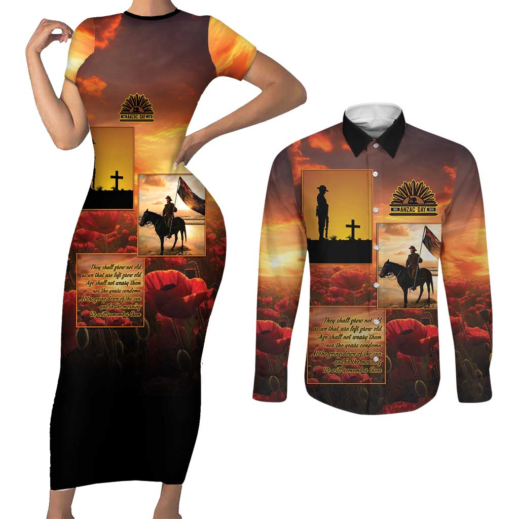 ANZAC Day Film Reel Lest We Forget Couples Matching Short Sleeve Bodycon Dress and Long Sleeve Button Shirt Australia NZ Memorial LT9 Red - Polynesian Pride