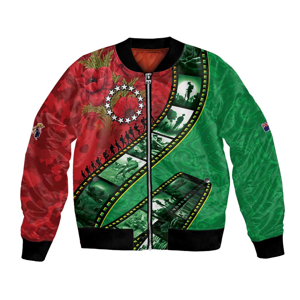 Personalised Cook Islands ANZAC 1915-2026 Filmstrip Bomber Jacket Lest We Forget 25 April LT9 Unisex Green - Polynesian Pride