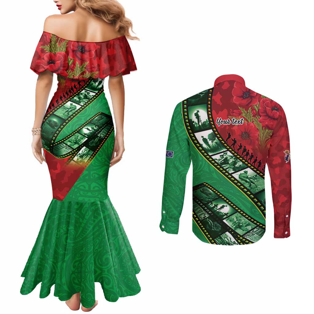 Personalised Cook Islands ANZAC 1915-2026 Filmstrip Couples Matching Mermaid Dress and Long Sleeve Button Shirt Lest We Forget 25 April