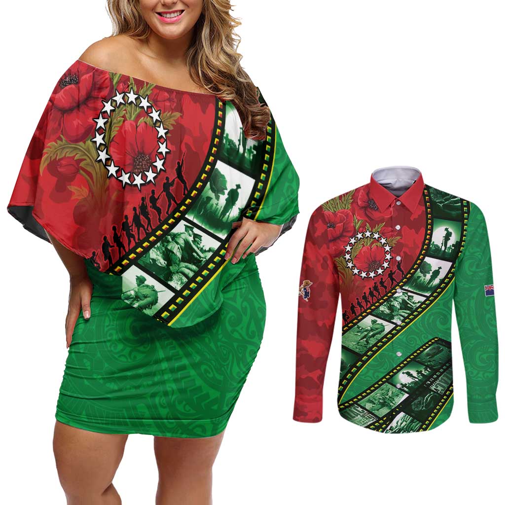 Personalised Cook Islands ANZAC 1915-2026 Filmstrip Couples Matching Off Shoulder Short Dress and Long Sleeve Button Shirt Lest We Forget 25 April