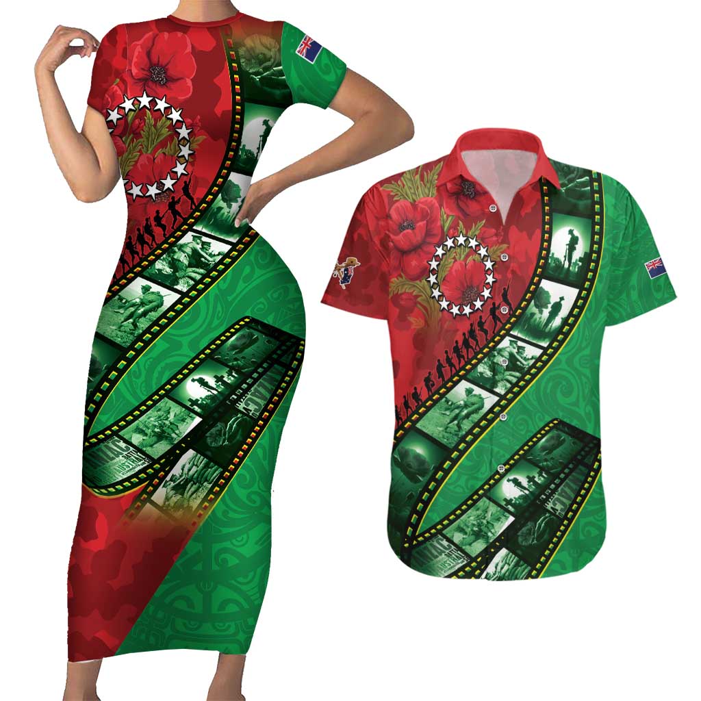 Personalised Cook Islands ANZAC 1915-2026 Filmstrip Couples Matching Short Sleeve Bodycon Dress and Hawaiian Shirt Lest We Forget 25 April LT9 Green - Polynesian Pride