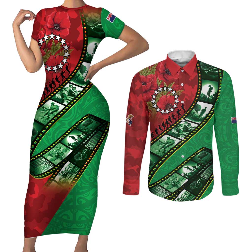 Personalised Cook Islands ANZAC 1915-2026 Filmstrip Couples Matching Short Sleeve Bodycon Dress and Long Sleeve Button Shirt Lest We Forget 25 April