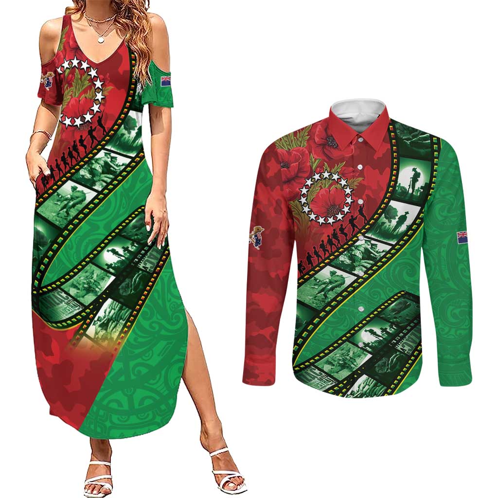 Personalised Cook Islands ANZAC 1915-2026 Filmstrip Couples Matching Summer Maxi Dress and Long Sleeve Button Shirt Lest We Forget 25 April