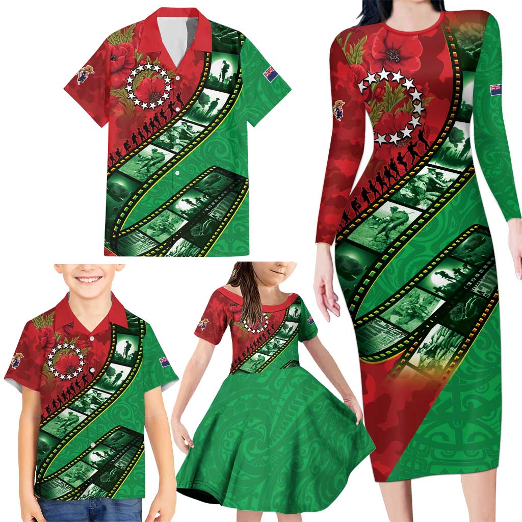 Personalised Cook Islands ANZAC 1915-2026 Filmstrip Family Matching Long Sleeve Bodycon Dress and Hawaiian Shirt Lest We Forget 25 April