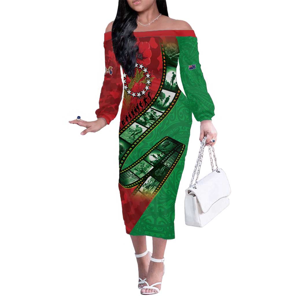 Personalised Cook Islands ANZAC 1915-2026 Filmstrip Family Matching Off The Shoulder Long Sleeve Dress and Hawaiian Shirt Lest We Forget 25 April LT9 Mom's Dress Green - Polynesian Pride