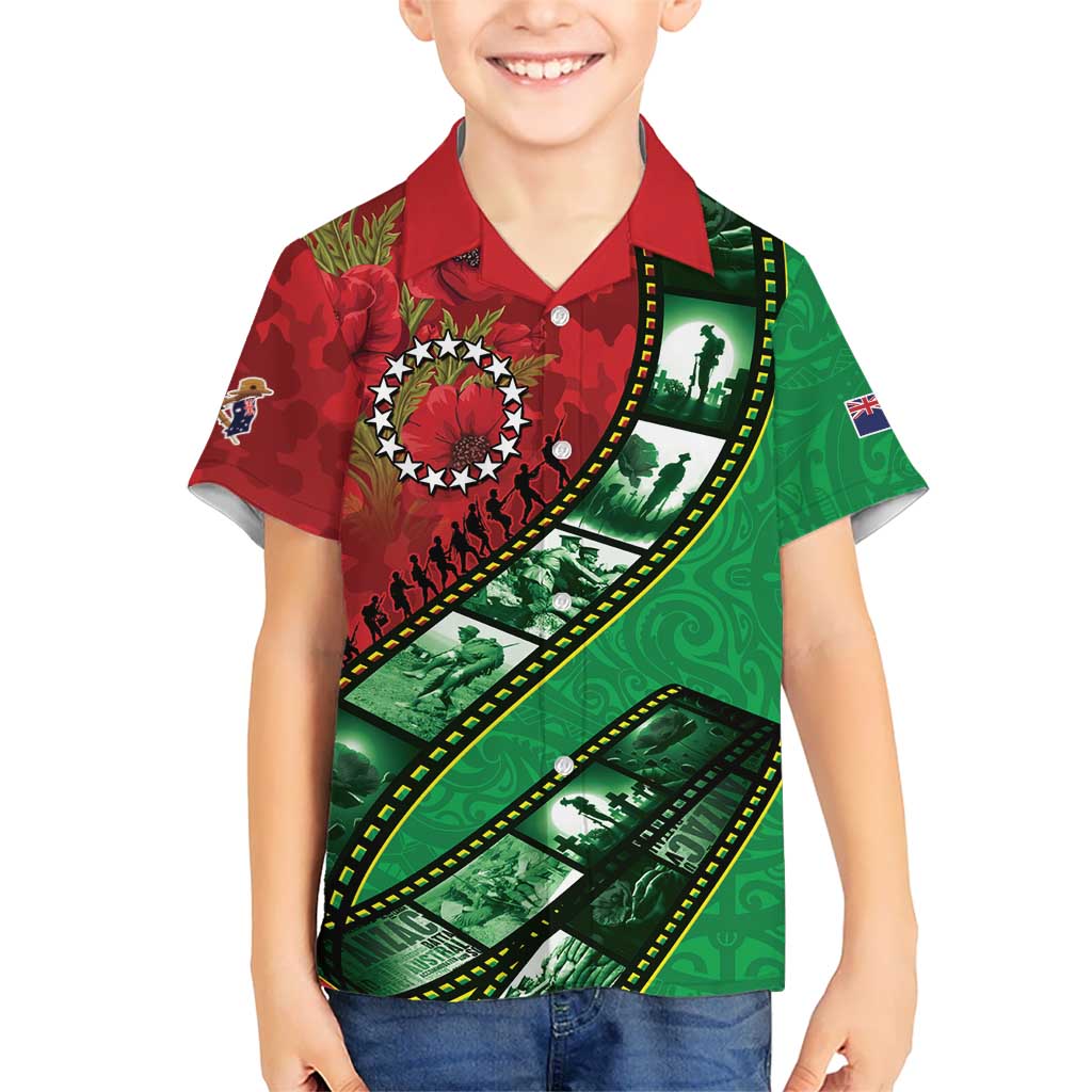 Personalised Cook Islands ANZAC 1915-2026 Filmstrip Family Matching Off Shoulder Maxi Dress and Hawaiian Shirt Lest We Forget 25 April LT9 Son's Shirt Green - Polynesian Pride