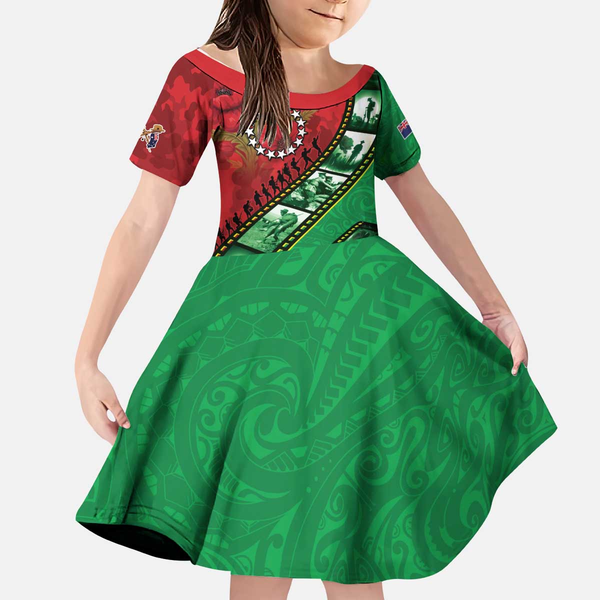 Personalised Cook Islands ANZAC 1915-2026 Filmstrip Kid Short Sleeve Dress Lest We Forget 25 April LT9 KID Green - Polynesian Pride