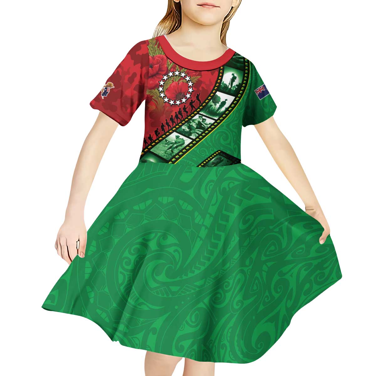 Personalised Cook Islands ANZAC 1915-2026 Filmstrip Kid Short Sleeve Dress Lest We Forget 25 April LT9 - Polynesian Pride