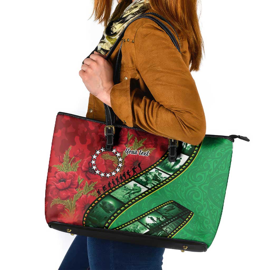Personalised Cook Islands ANZAC 1915-2026 Filmstrip Leather Tote Bag Lest We Forget 25 April LT9 Green - Polynesian Pride