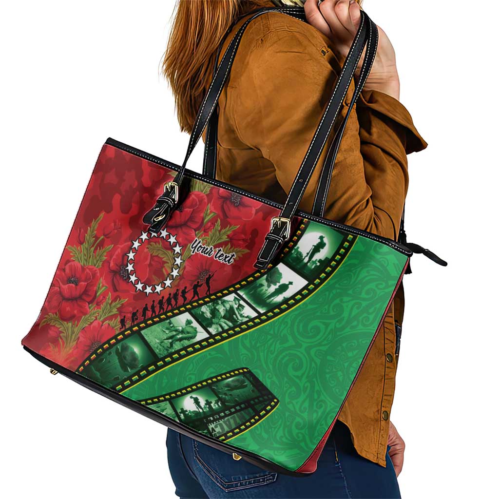 Personalised Cook Islands ANZAC 1915-2026 Filmstrip Leather Tote Bag Lest We Forget 25 April LT9 - Polynesian Pride
