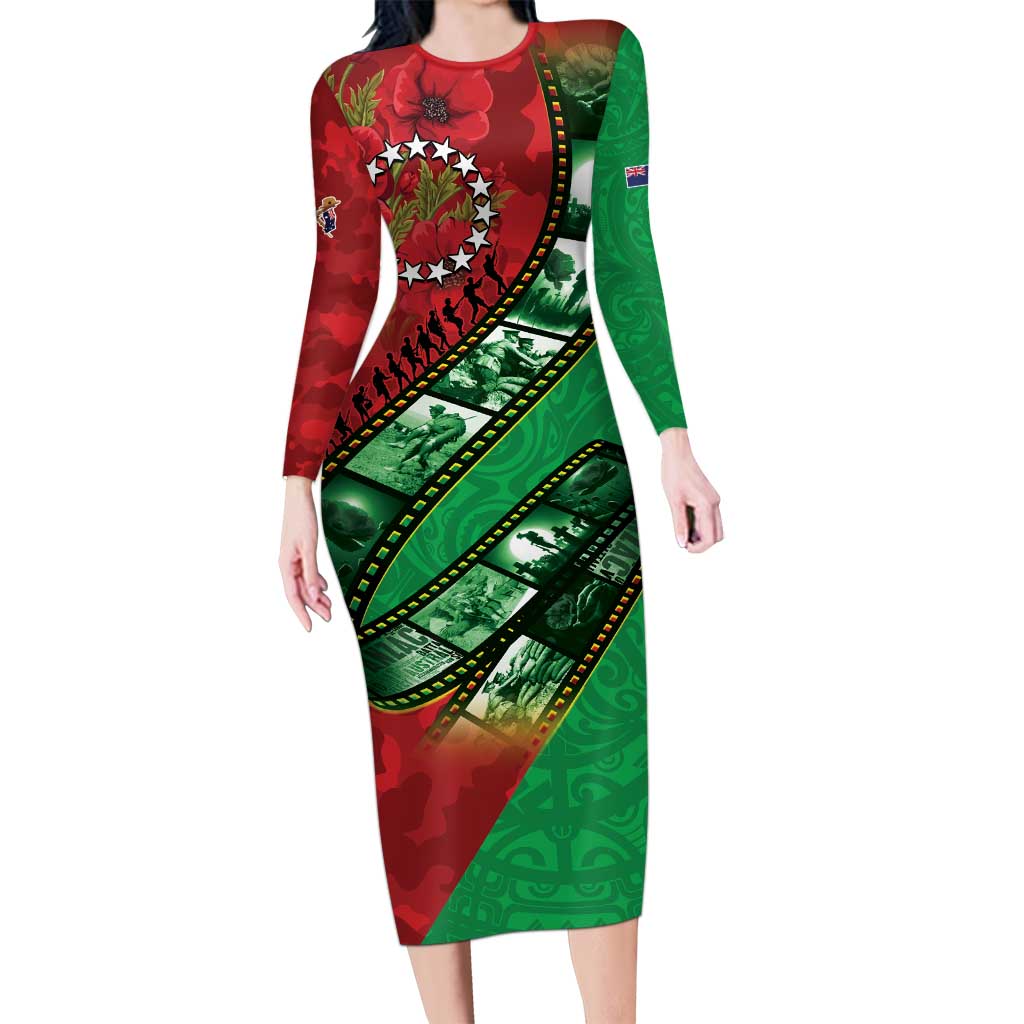 Personalised Cook Islands ANZAC 1915-2026 Filmstrip Long Sleeve Bodycon Dress Lest We Forget 25 April LT9 Long Dress Green - Polynesian Pride
