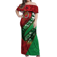Personalised Cook Islands ANZAC 1915-2026 Filmstrip Off Shoulder Maxi Dress Lest We Forget 25 April LT9 Women Green - Polynesian Pride