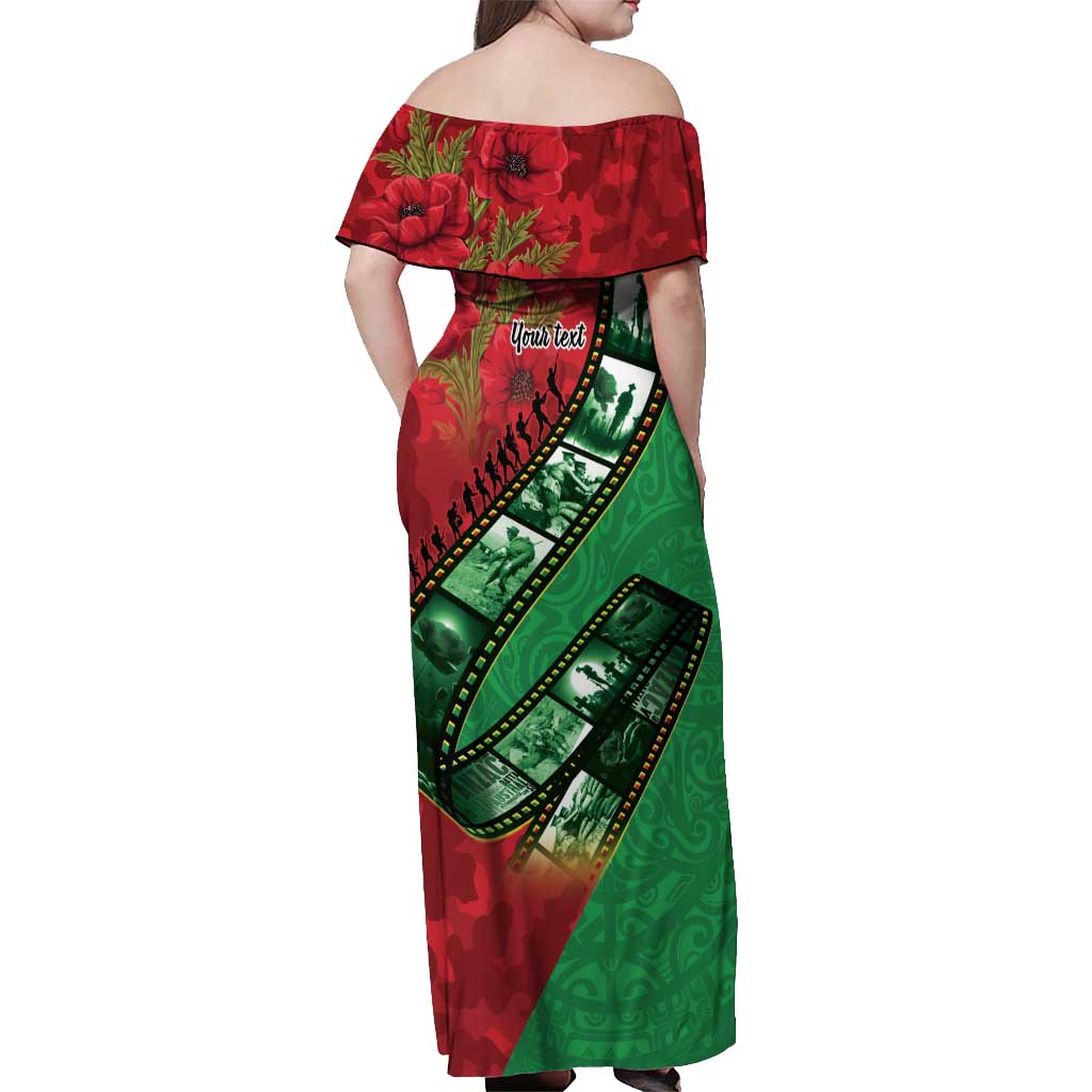 Personalised Cook Islands ANZAC 1915-2026 Filmstrip Off Shoulder Maxi Dress Lest We Forget 25 April LT9 - Polynesian Pride