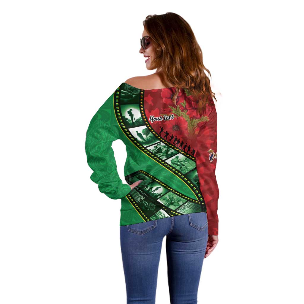 Personalised Cook Islands ANZAC 1915-2026 Filmstrip Off Shoulder Sweater Lest We Forget 25 April