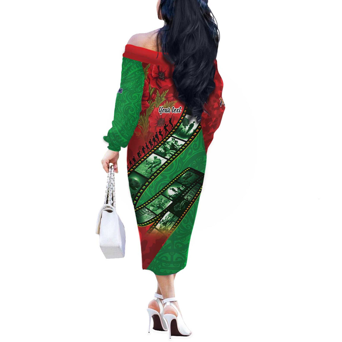 Personalised Cook Islands ANZAC 1915-2026 Filmstrip Off The Shoulder Long Sleeve Dress Lest We Forget 25 April LT9 - Polynesian Pride