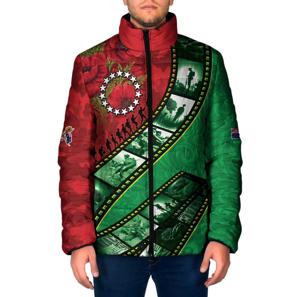 Personalised Cook Islands ANZAC 1915-2026 Filmstrip Padded Jacket Lest We Forget 25 April LT9 Men Green - Polynesian Pride