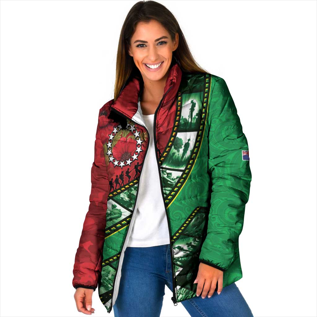 Personalised Cook Islands ANZAC 1915-2026 Filmstrip Padded Jacket Lest We Forget 25 April LT9 Women Green - Polynesian Pride