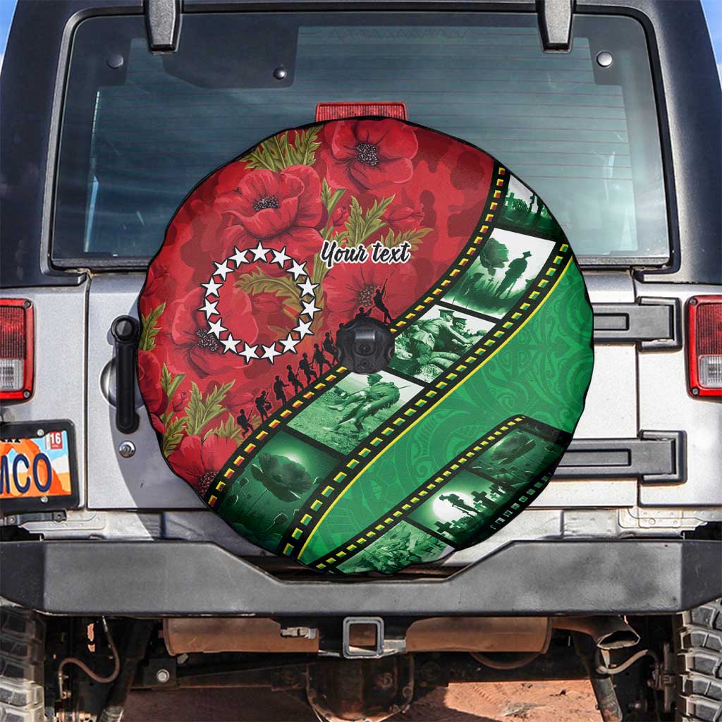 Personalised Cook Islands ANZAC 1915-2026 Filmstrip Spare Tire Cover Lest We Forget 25 April LT9 Green - Polynesian Pride
