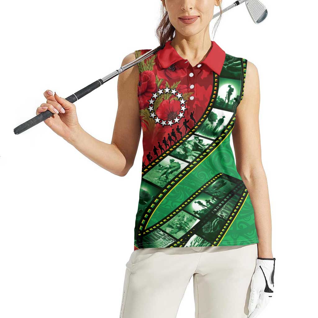 Personalised Cook Islands ANZAC 1915-2026 Filmstrip Women Sleeveless Polo Shirt Lest We Forget 25 April