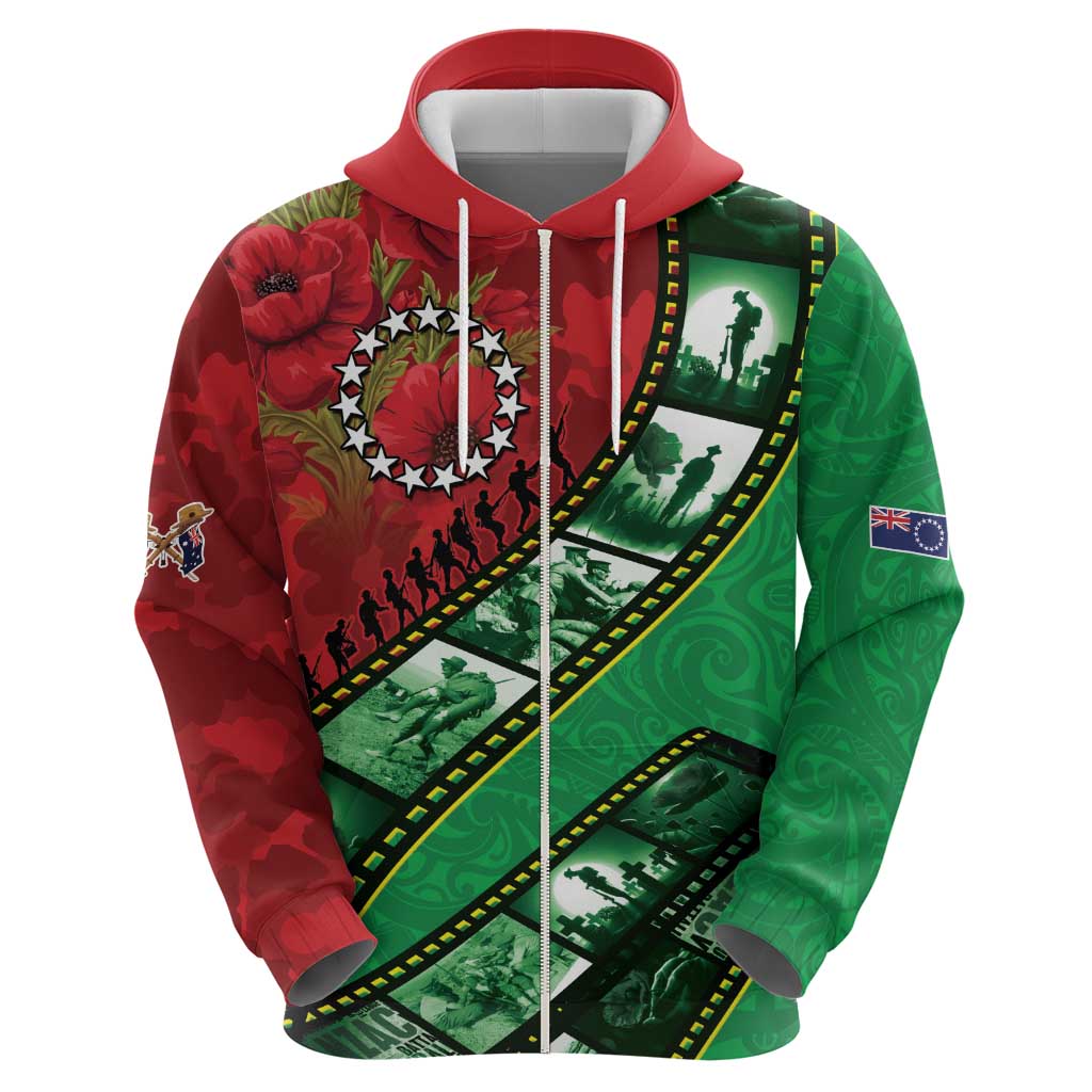 Personalised Cook Islands ANZAC 1915-2026 Filmstrip Zip Hoodie Lest We Forget 25 April LT9 - Polynesian Pride