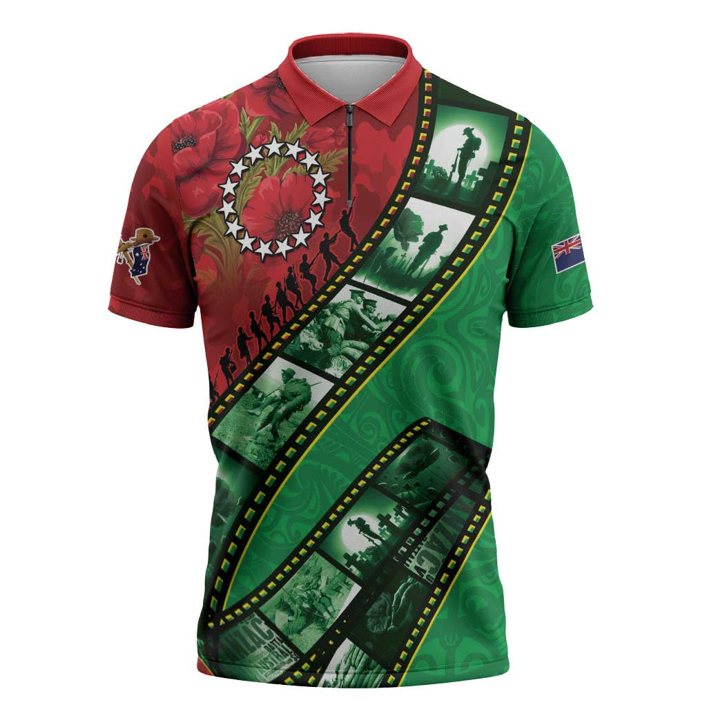 Personalised Cook Islands ANZAC 1915-2026 Filmstrip Zipper Polo Shirt Lest We Forget 25 April LT9 Green - Polynesian Pride