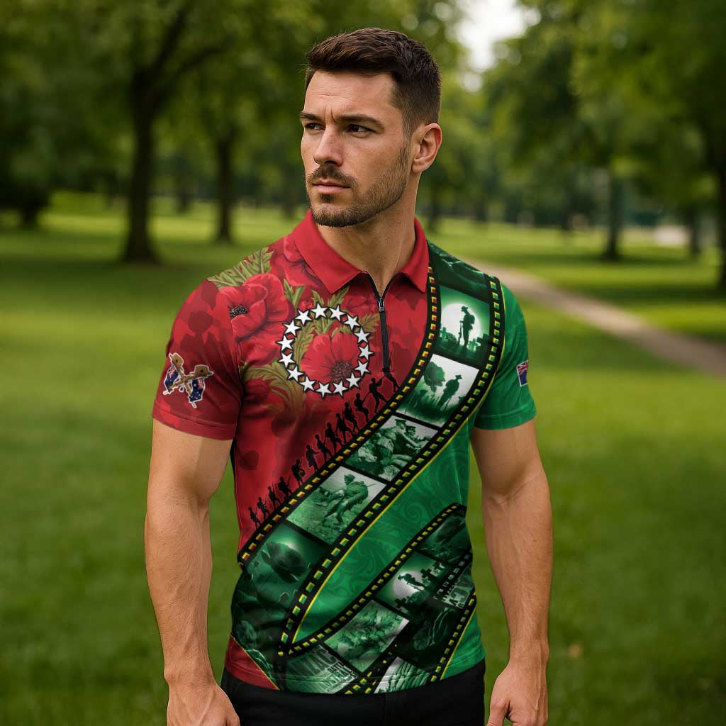 Personalised Cook Islands ANZAC 1915-2026 Filmstrip Zipper Polo Shirt Lest We Forget 25 April LT9 - Polynesian Pride