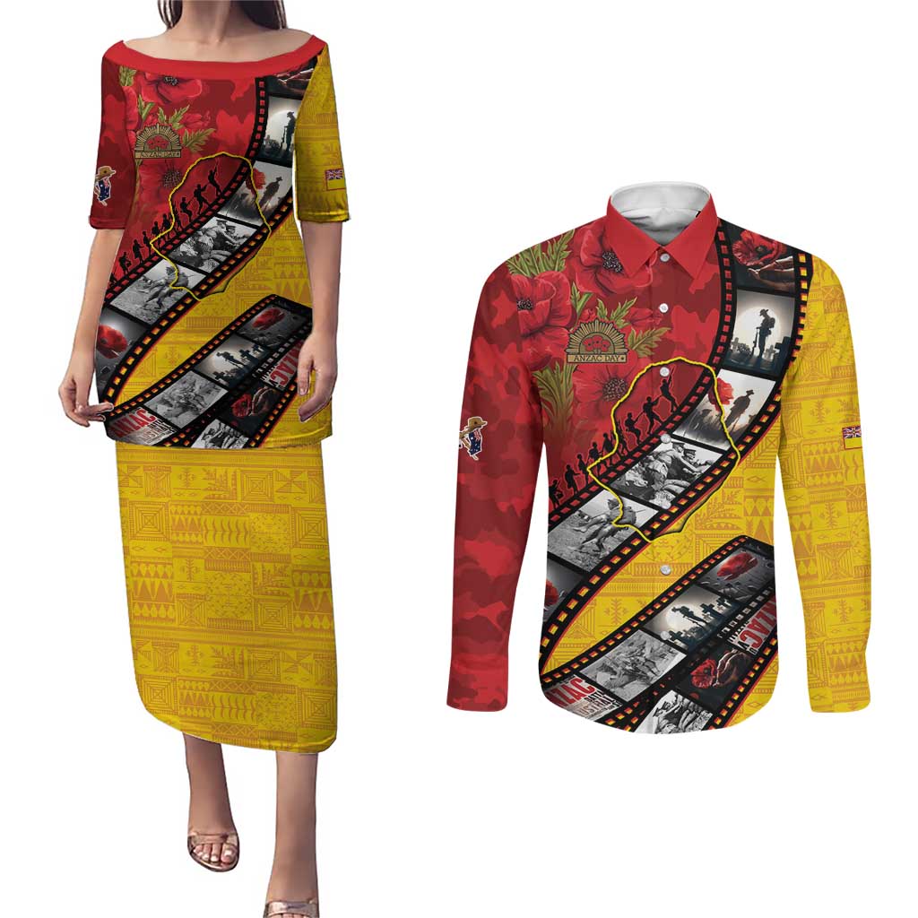 Personalised Niue ANZAC 1915-2026 Filmstrip Couples Matching Puletasi and Long Sleeve Button Shirt Lest We Forget 25 April LT9 Gold - Polynesian Pride
