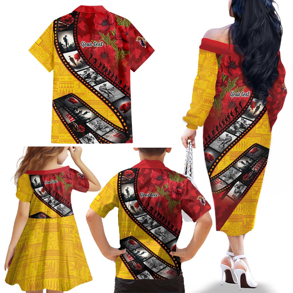 Personalised Niue ANZAC 1915-2026 Filmstrip Family Matching Off The Shoulder Long Sleeve Dress and Hawaiian Shirt Lest We Forget 25 April LT9 - Polynesian Pride