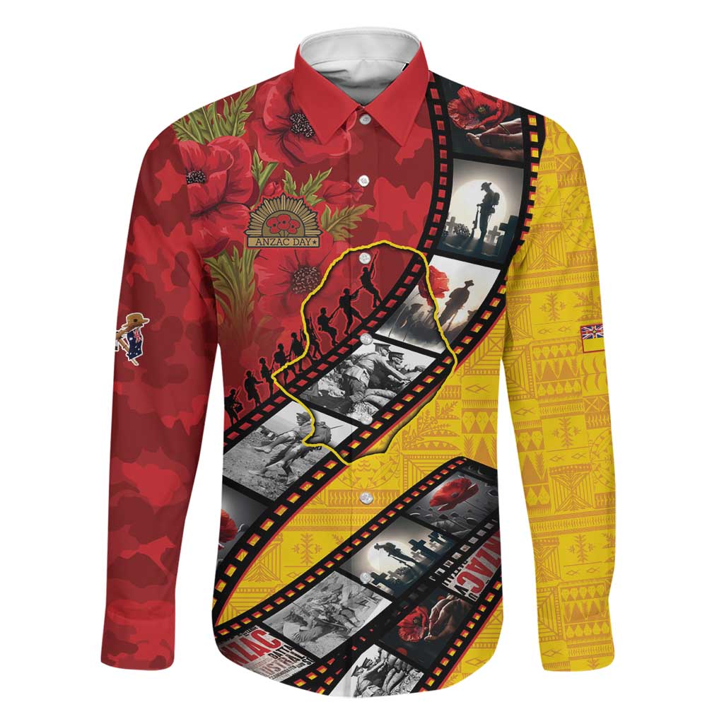 Personalised Niue ANZAC 1915-2026 Filmstrip Family Matching Puletasi and Hawaiian Shirt Lest We Forget 25 April LT9 Dad's Shirt - Long Sleeve Gold - Polynesian Pride