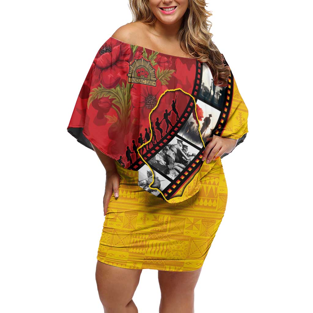 Personalised Niue ANZAC 1915-2026 Filmstrip Off Shoulder Short Dress Lest We Forget 25 April LT9 Women Gold - Polynesian Pride