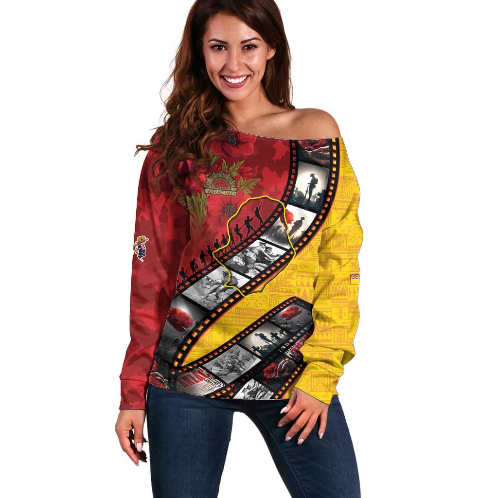Personalised Niue ANZAC 1915-2026 Filmstrip Off Shoulder Sweater Lest We Forget 25 April
