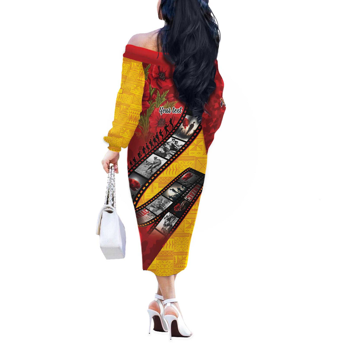 Personalised Niue ANZAC 1915-2026 Filmstrip Off The Shoulder Long Sleeve Dress Lest We Forget 25 April LT9 - Polynesian Pride