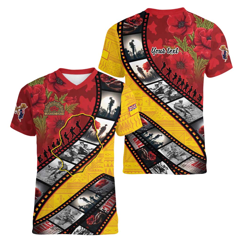 Personalised Niue ANZAC 1915-2026 Filmstrip Women V-Neck T-Shirt Lest We Forget 25 April