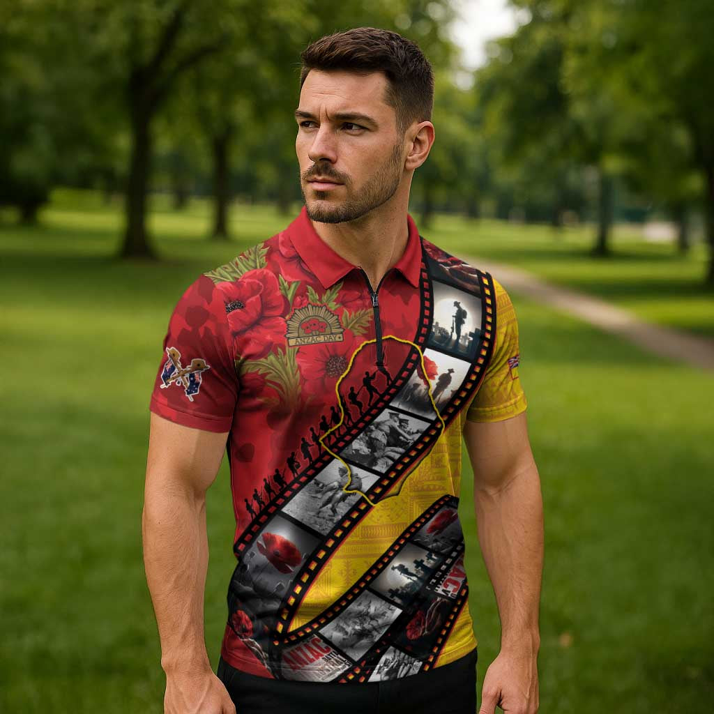 Personalised Niue ANZAC 1915-2026 Filmstrip Zipper Polo Shirt Lest We Forget 25 April LT9 - Polynesian Pride