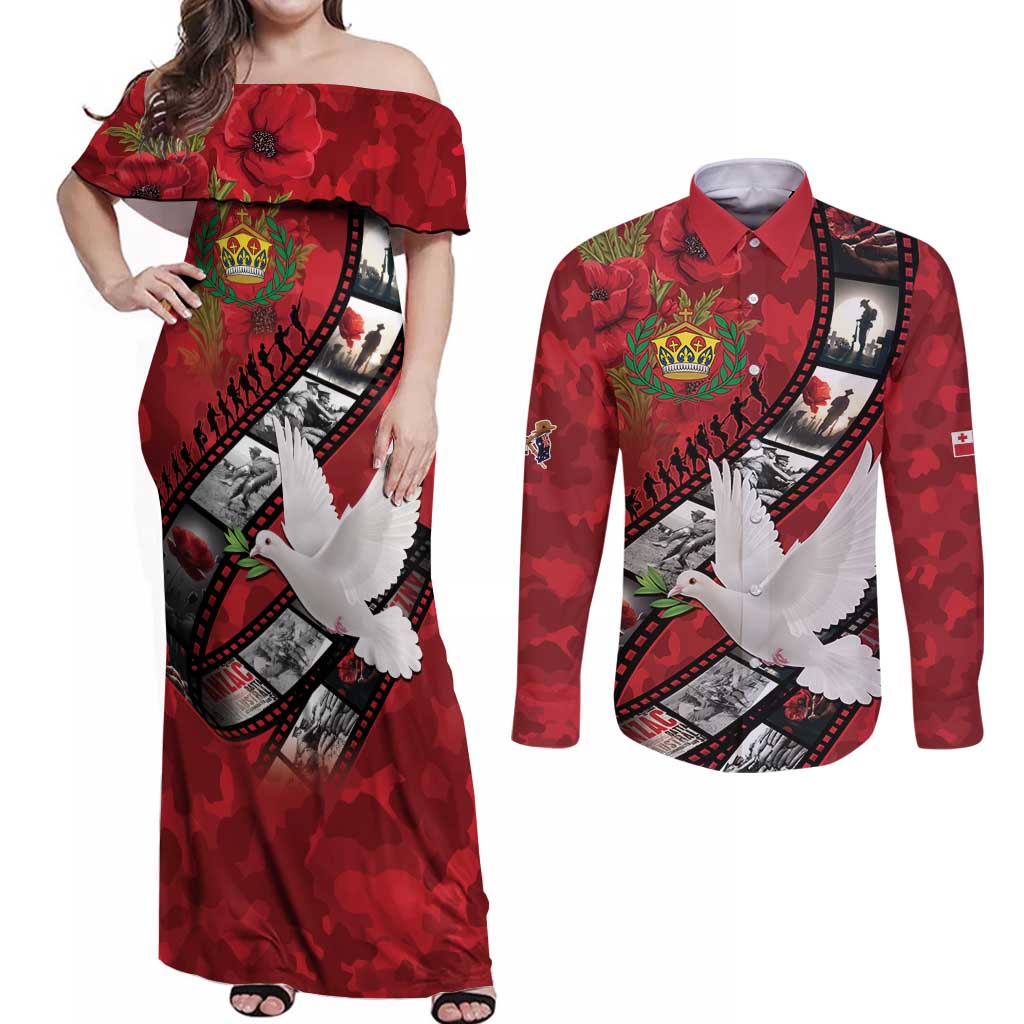 Personalised Tonga ANZAC 1915-2026 Filmstrip Couples Matching Off Shoulder Maxi Dress and Long Sleeve Button Shirt Lest We Forget 25 April LT9 Red - Polynesian Pride