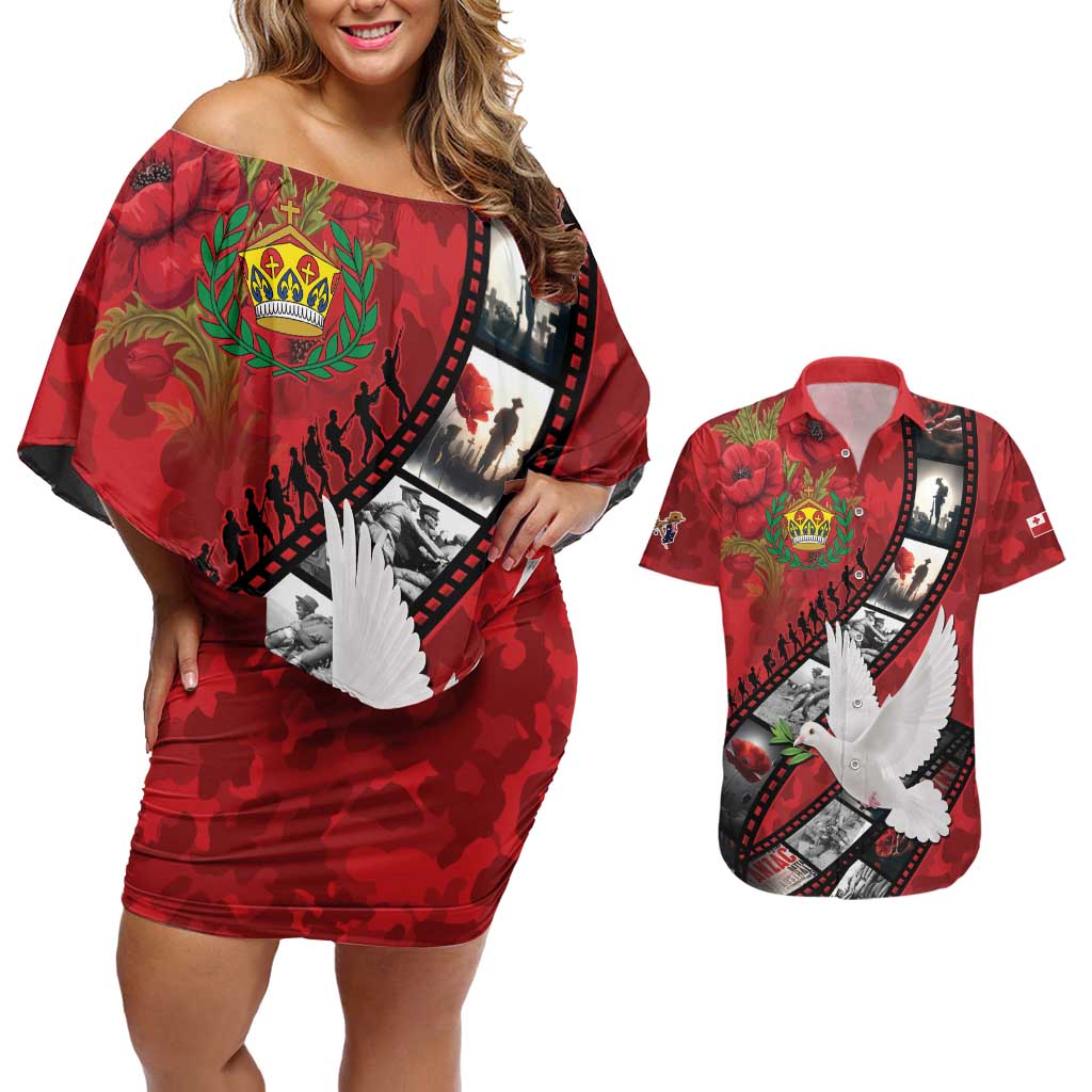 Personalised Tonga ANZAC 1915-2026 Filmstrip Couples Matching Off Shoulder Short Dress and Hawaiian Shirt Lest We Forget 25 April LT9 Red - Polynesian Pride