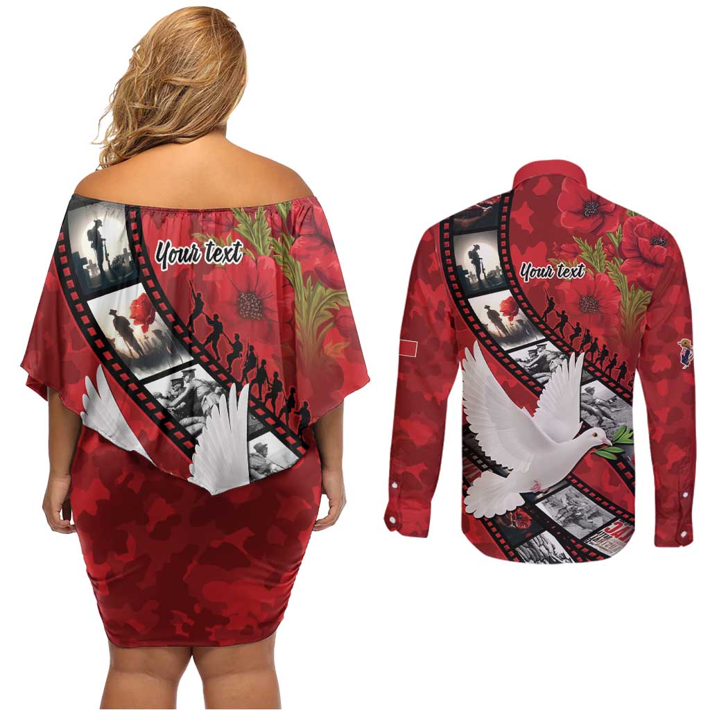 Personalised Tonga ANZAC 1915-2026 Filmstrip Couples Matching Off Shoulder Short Dress and Long Sleeve Button Shirt Lest We Forget 25 April LT9 - Polynesian Pride