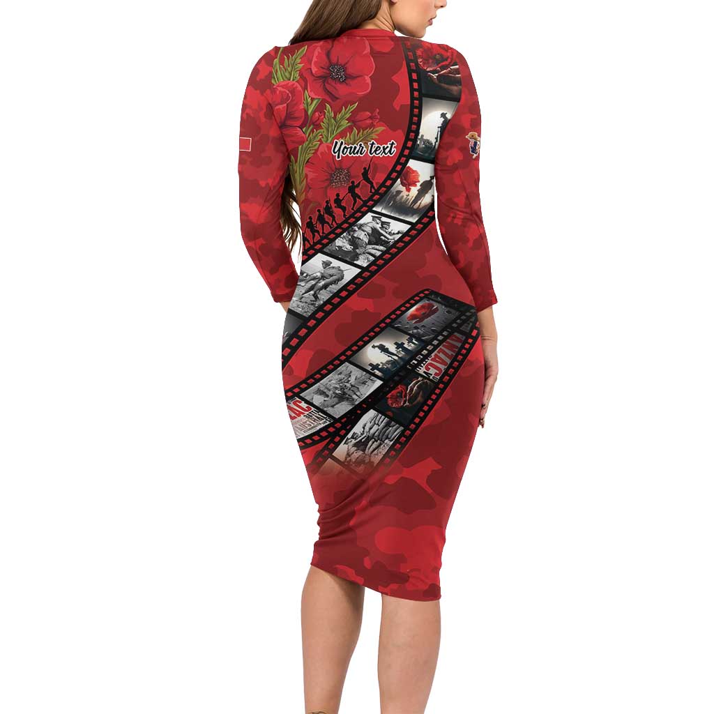Personalised Tonga ANZAC 1915-2026 Filmstrip Long Sleeve Bodycon Dress Lest We Forget 25 April LT9 - Polynesian Pride